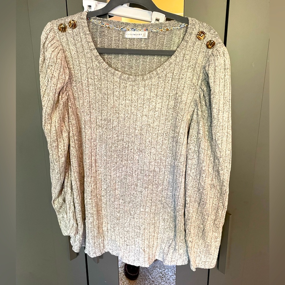 Retrology Women Heather Pullover Sweater L Ribbed Super Soft Wood Look Button